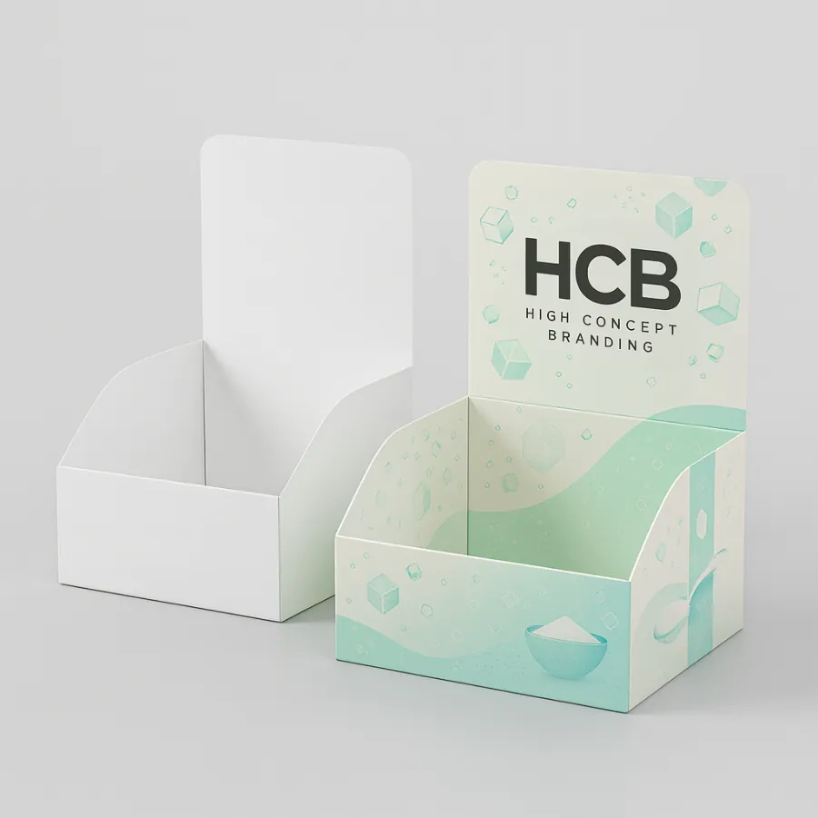 Wholesale sugar display boxes featuring mint green graphics- sugar cube illustrations- and custom brand logos- class=